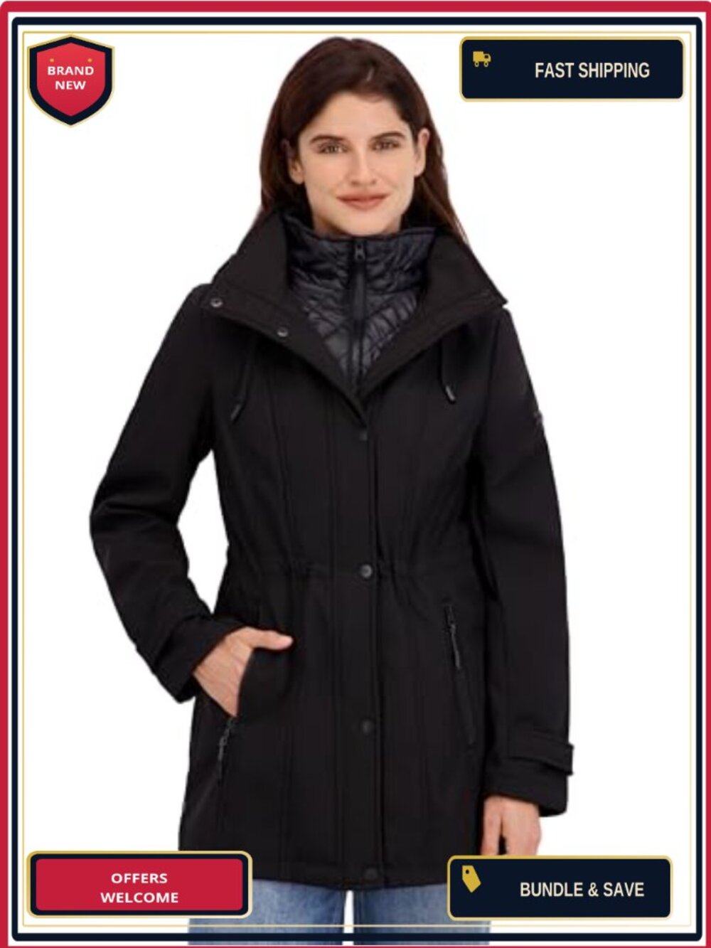 Nautica Women's Softshell Jacket Lightweight Water-Resistant Quilted Bib Zip